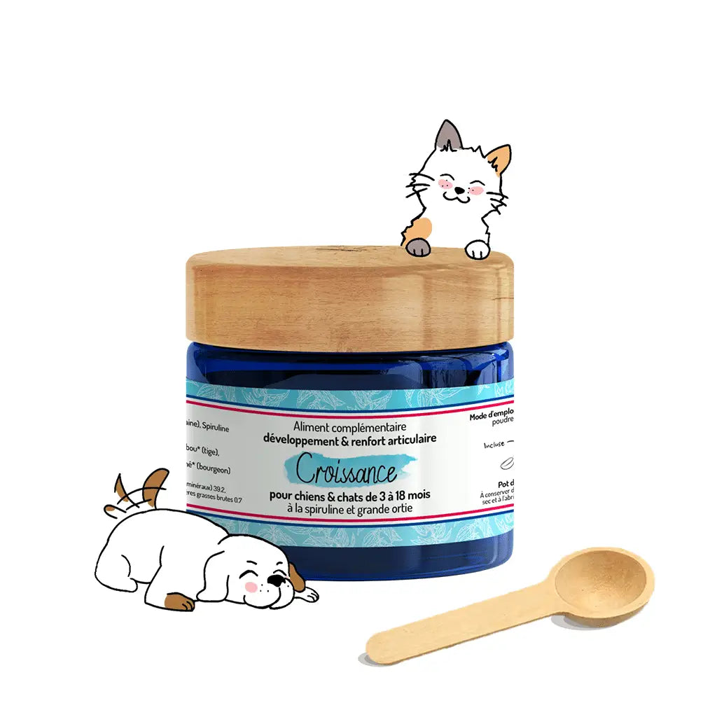 Croissance complément alimentaire pour chiots et chatons de 3 à 18 mois - développement articulaire spiruline et grande ortie