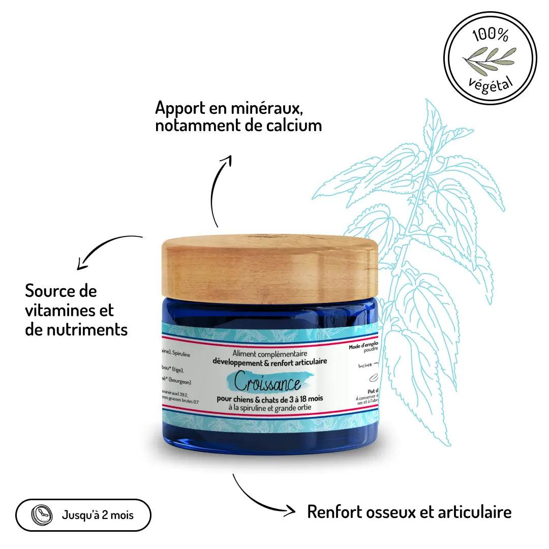 Croissance complément alimentaire 100% végétal pour chiots et chatons - calcium, vitamines et minéraux pour renfort osseux et articulaire