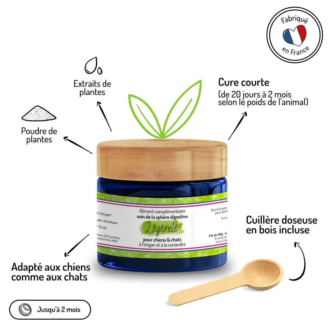 Complément Légèreté fabrication française - Extraits de plantes naturels, cure courte 20 jours à 2 mois, cuillère incluse - CasualPets