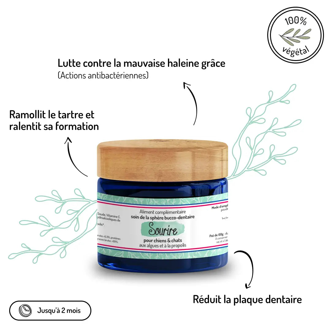 Complément Sourire 100% végétal - Lutte contre mauvaise haleine, réduit plaque dentaire, ralentit tartre naturellement - CasualPets